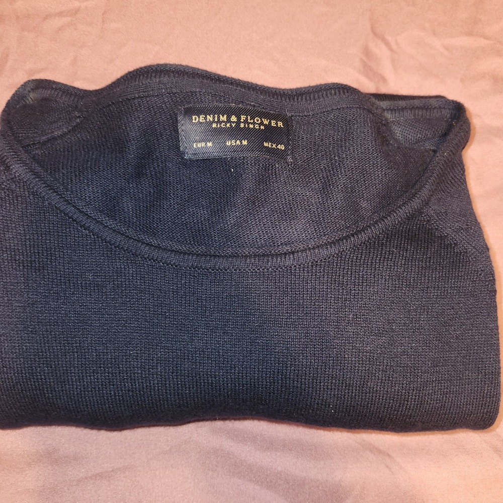 Denim & Flower Ricky Singh Mens Navy Blue Fine Knit Crew Neck Sweater Size M